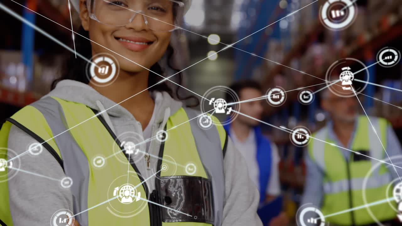 animación de la red de conexiones con iconos sobre diversos trabajadores en el almacén