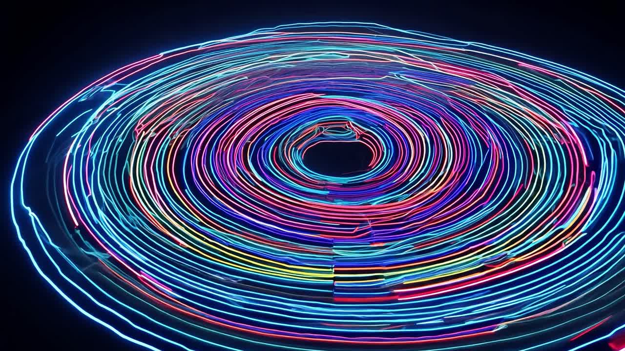 Glowing neon lines create concentric circles against a black background, showcasing vibrant colors and abstract motion