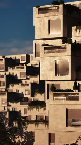 modern concrete apartment complex at sunset