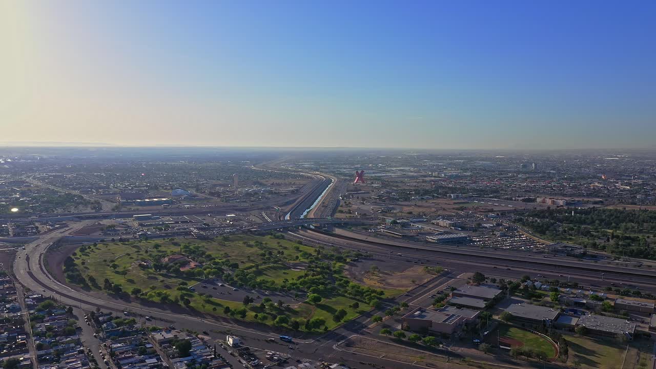 Juarez City X monument. Flying over Border Wall and Cesar E. Chavez Border Highway (375) in El Paso, TX before Title 42 Ends. 4k Drone Footage. Ciudad Juárez, Mexico. 1.2