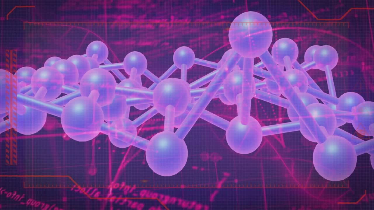 estructura molecular y ecuaciones científicas animación sobre fondo de cuadrícula púrpura