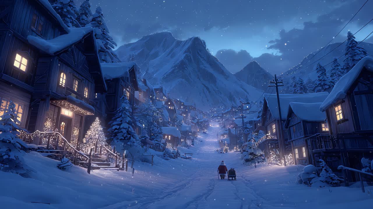 Enchanting Snowy Village: A Serene Evening Scene Captured in a Winter Wonderland, Illuminated by Warm Lights Against a Majestic Mountain Backdrop