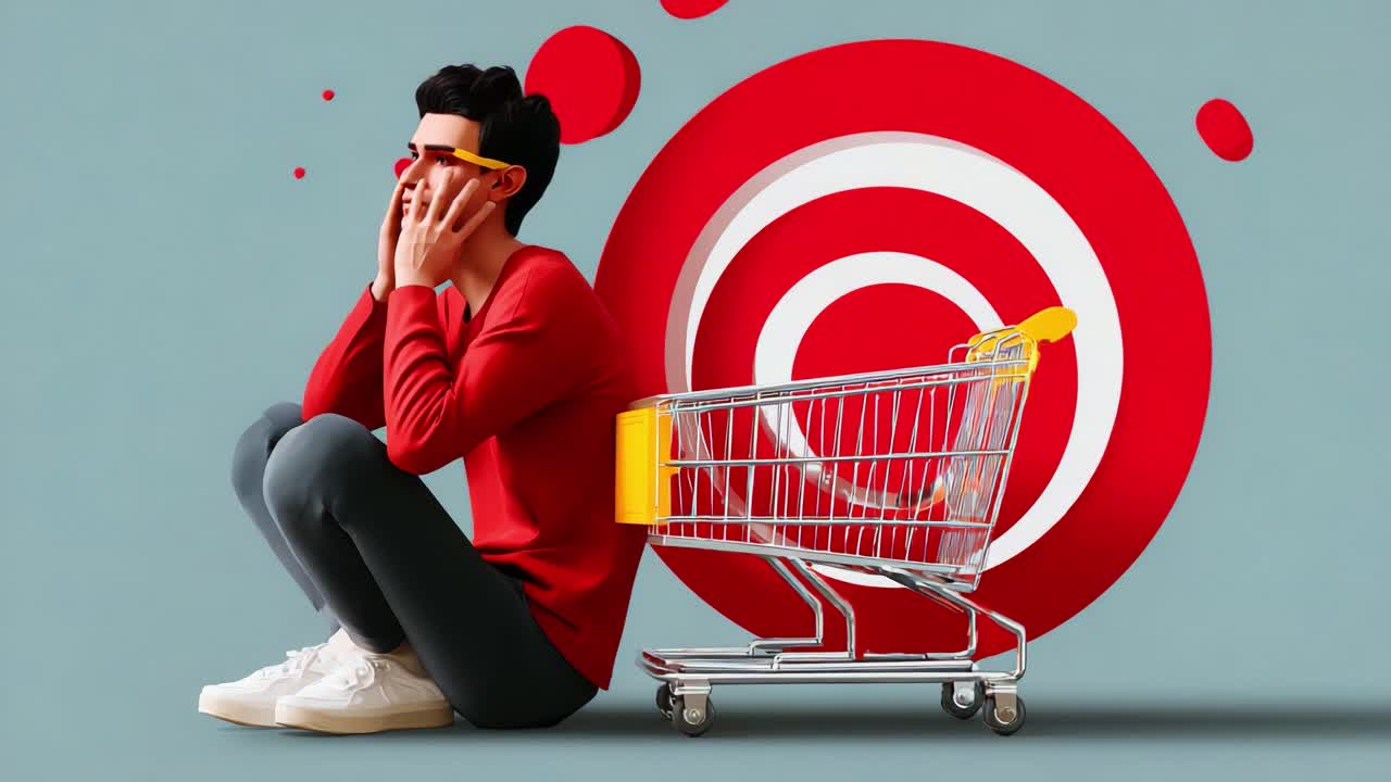 A person experiences overwhelming frustration and anxiety while sitting against a shopping cart, symbolizing the emotional toll of consumer culture amidst vivid, striking graphics