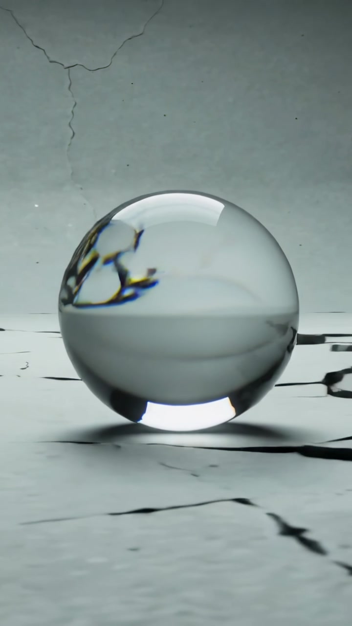 Vertical video: Shifting glass sphere cracking tabletop, shards rising on gray set, branch