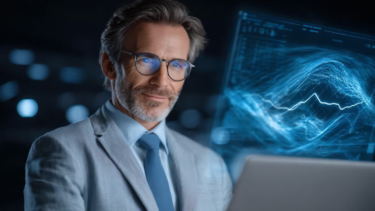 A confident professional analyzes digital data, showcasing modern technology and expertise in a sophisticated environment with glowing graphs and statistics