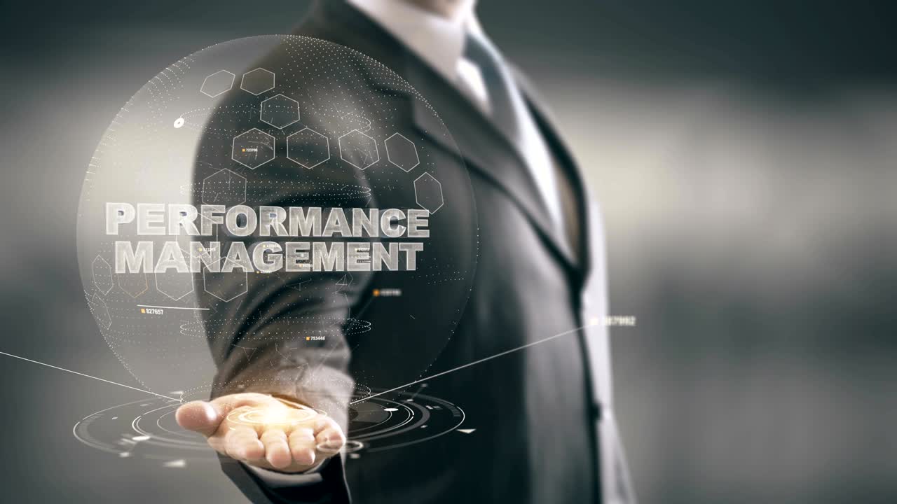 Performance Management Businessman Holding in Hand New technologies