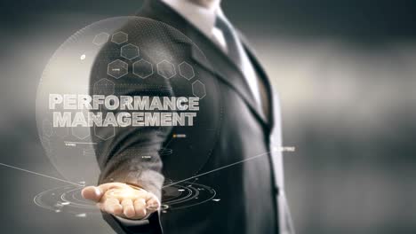 performance management businessman holding in hand new technologies