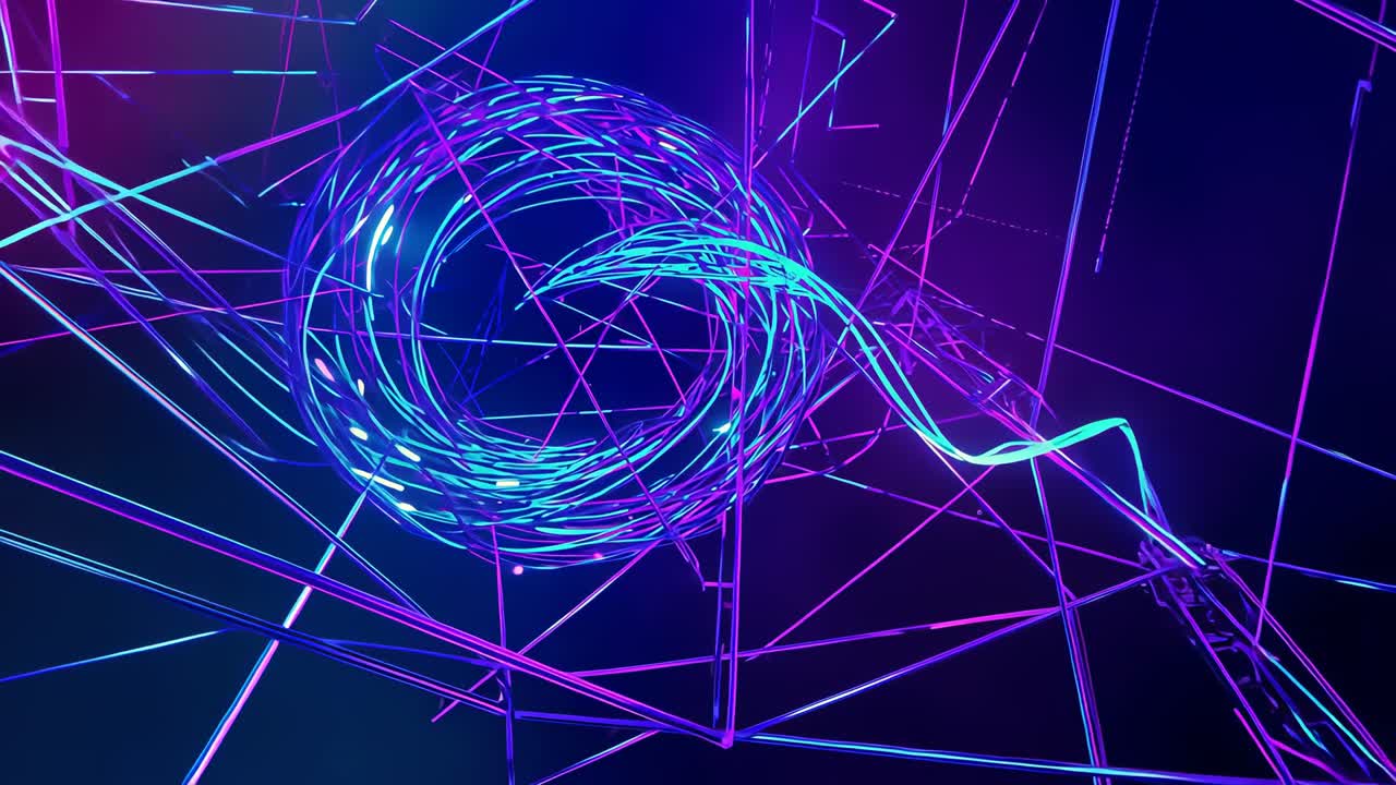 Rotating ring unwinding electric-blue filaments by magenta rods toward viewer, forming vortex