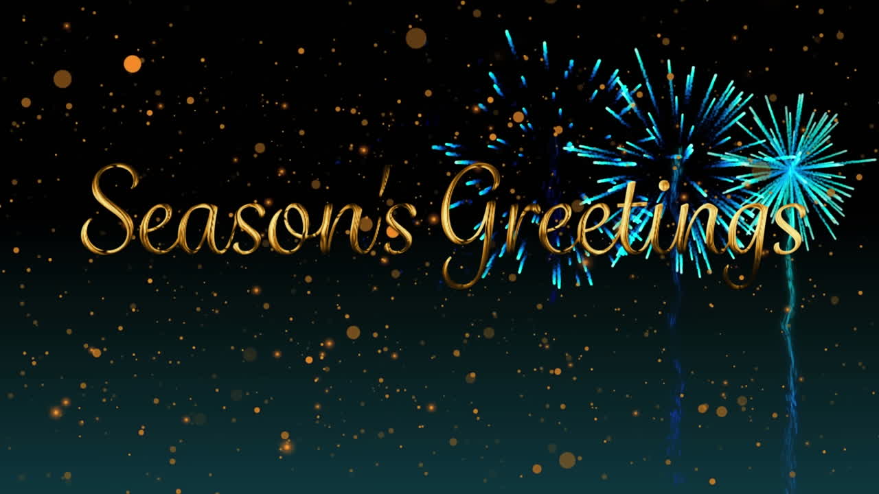 Testo 'Auguri di stagione' e punti arancioni che fluttuano, sullo sfondo di fuochi d'artificio che esplodono su sfondo nero.