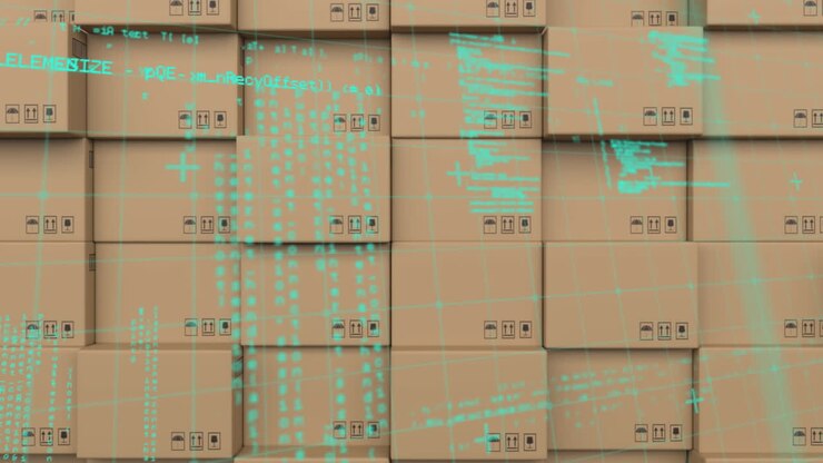 Animation of data processing over stack of cardboard boxes