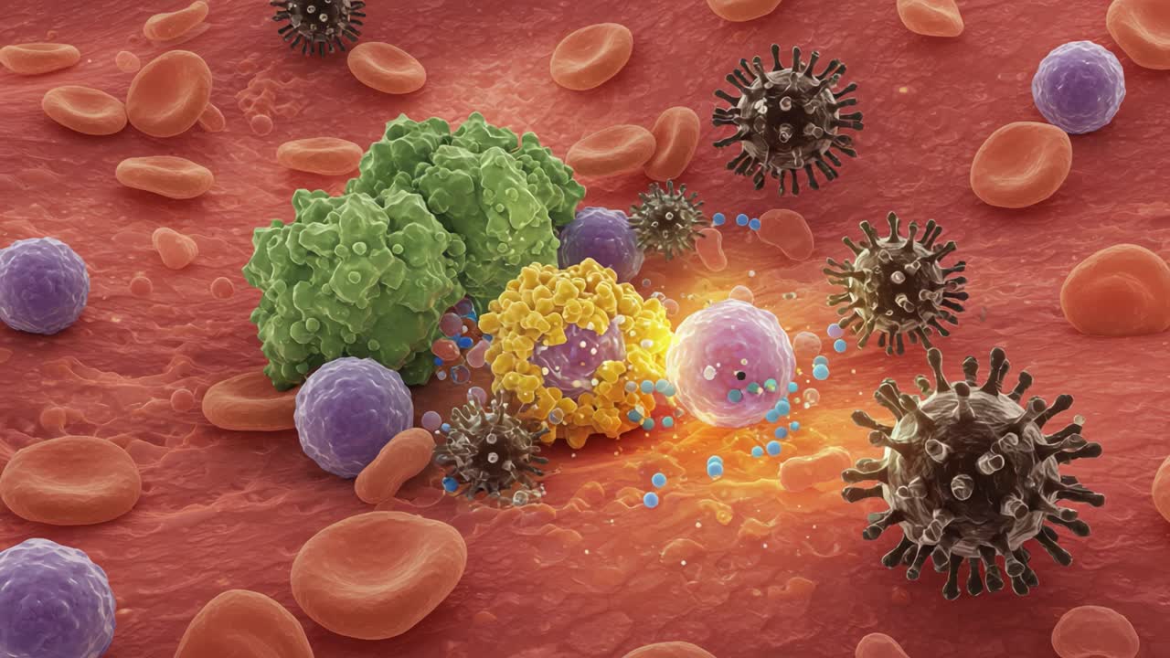 Detailed Close-Up Visualization of Immune Cells Engaging in Combat with Pathogens in a Bloodstream Environment