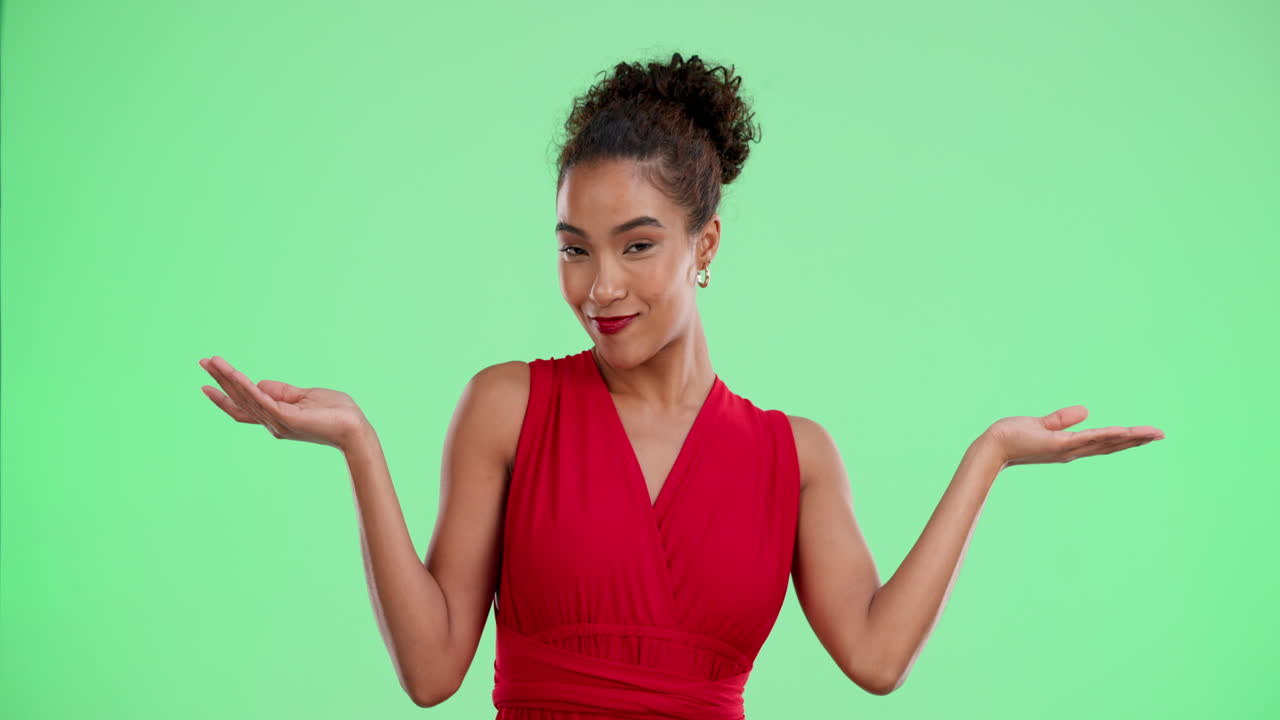 Woman in red dress smiling with arms outstretched