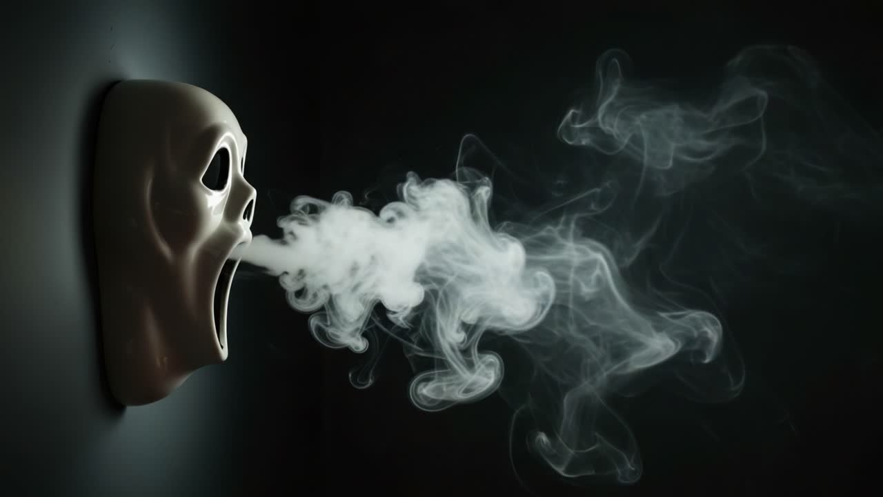 A haunting depiction of a ghostly face exhaling smoke, creating an ethereal and eerie atmosphere that captures the essence of mystery and spookiness in dark surroundings