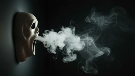 a haunting depiction of a ghostly face exhaling smoke, creating an ethereal and eerie atmosphere that captures the essence of mystery and spookiness in dark surroundings