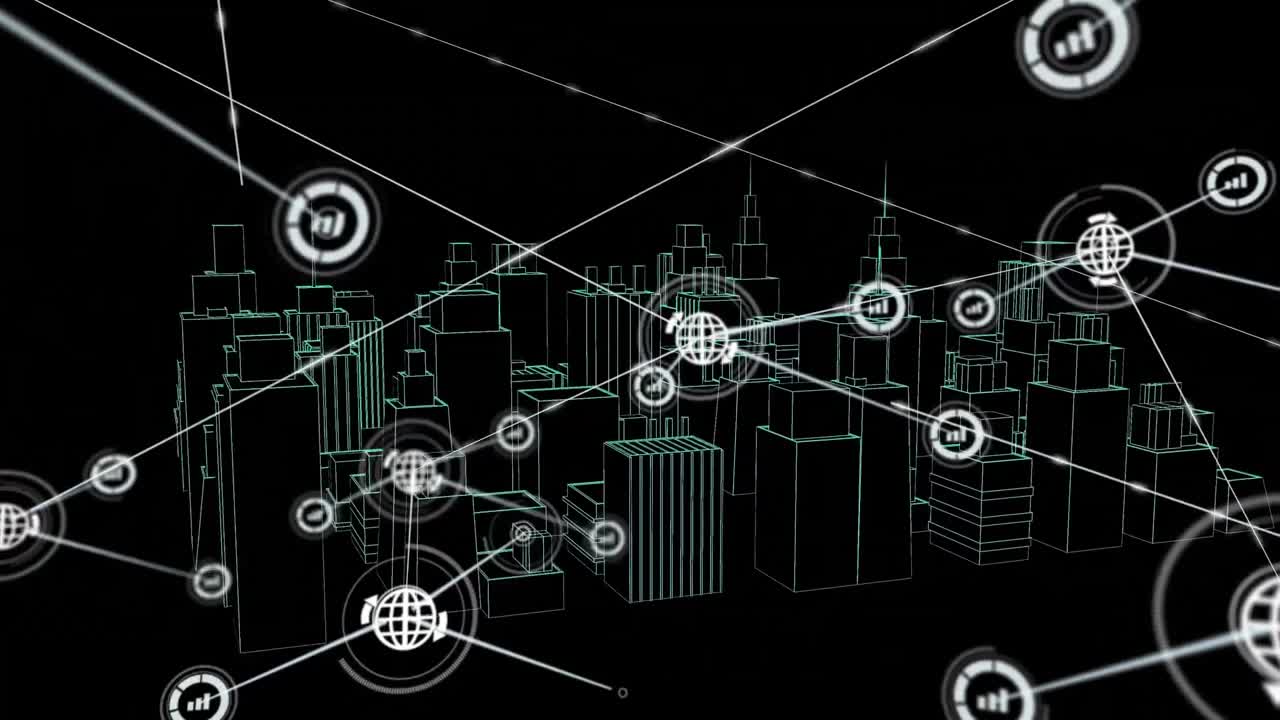 Animation of networks of connections with icons over 3d city drawing spinning on black background