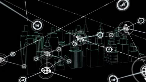animación de redes de conexiones con iconos sobre el dibujo de la ciudad 3d girando sobre fondo negro
