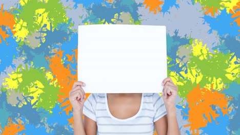 Animation-of-caucasian-woman-with-blank-card-over-colourful-stains