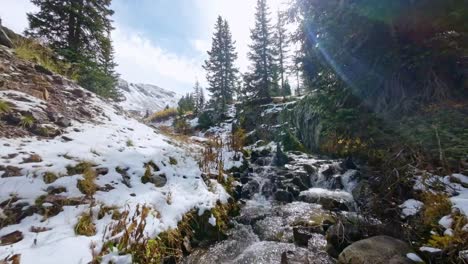 Toma-Aérea-Sobre-Un-Río-Frío-En-Las-Montañas-De-Colorado-Durante-El-Invierno