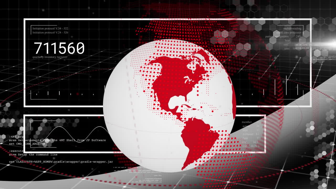 데이터 처리의 애니메이션과 어두운 배경에 지구 위의 지구