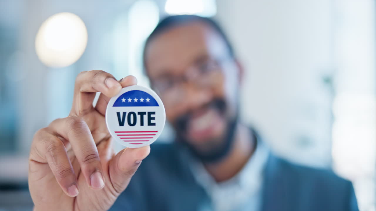 Hand, vote and badge with a black man