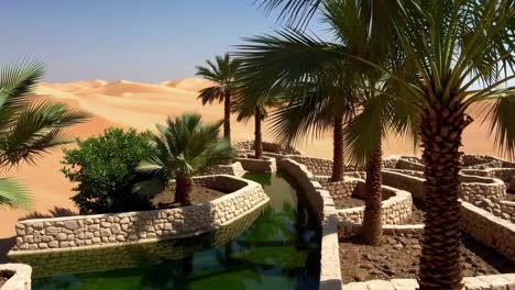 desert oasis with water features and palm trees