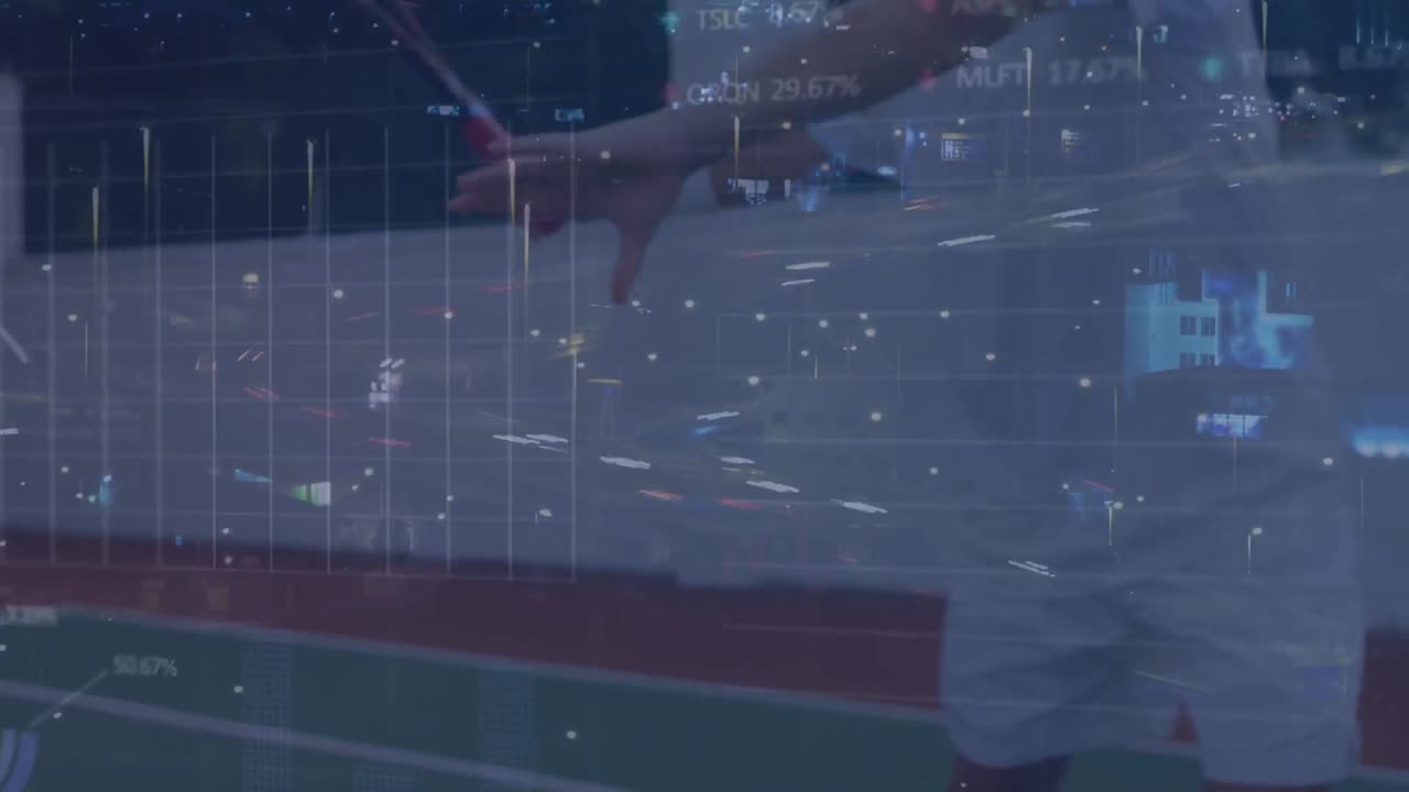 백인 남성 테니스 선수의 중간 부분을 가로지르는 도로 교통과 함께 타임  ⁇ 스 애니메이션