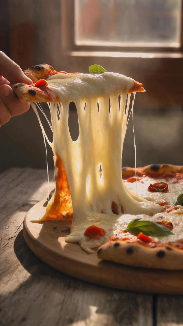 Hånd som løfter et stykke varm, fersk pizza med smeltende ost