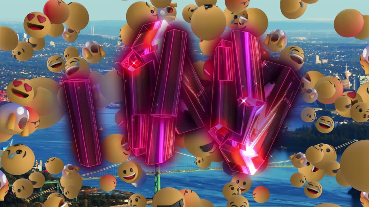 анимация икон эмодзи и кристаллов над городским пейзажем.