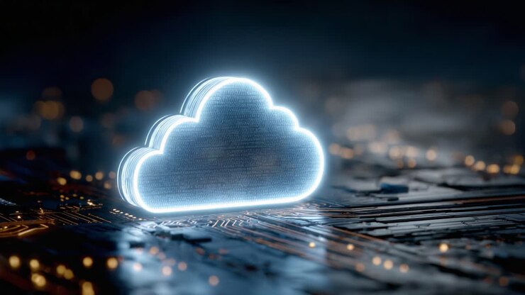 A Stunning Visual Representation of Cloud Computing: An Illuminated Cloud Symbol Over a Circuit Board, Capturing the Essence of Digital Storage and Connectivity