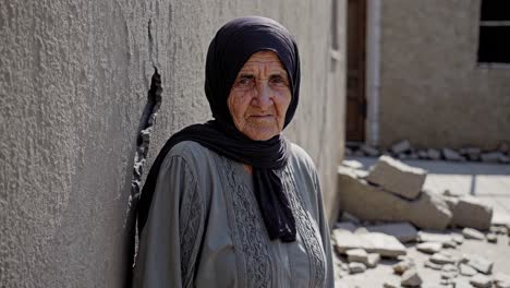 elderly woman in a war-torn area