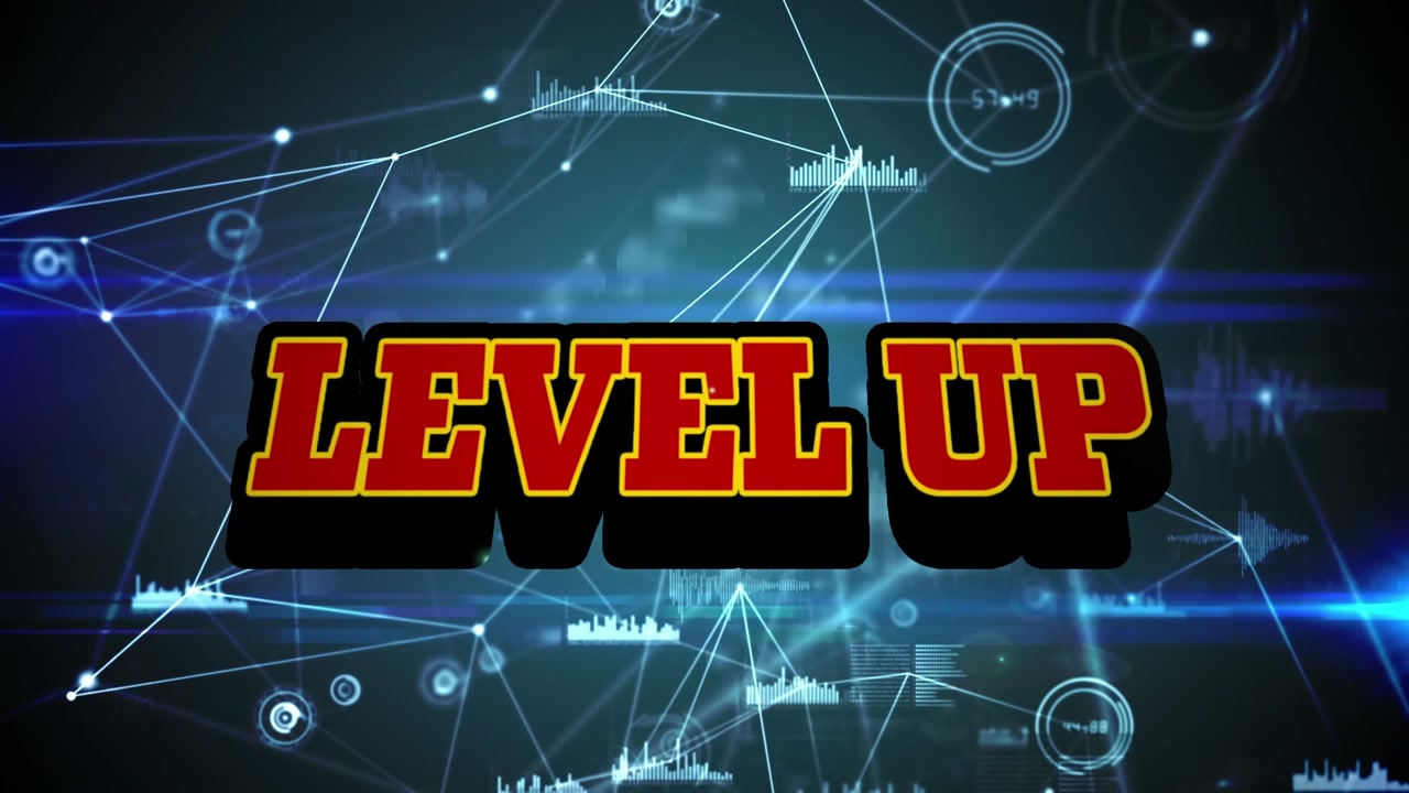 Animation of level up text, connected dots and graph icons over abstract background