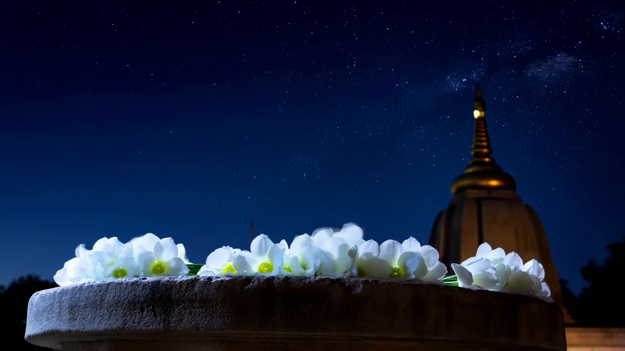Vista ravvicinata dal basso di fiori bianchi con centri giallo pallido appoggiati su un piedistallo di pietra rotondo, su uno sfondo di cielo notturno indaco, con una guglia di tempio sfocata, un pinnacolo luminoso e un'atmosfera spirituale calma