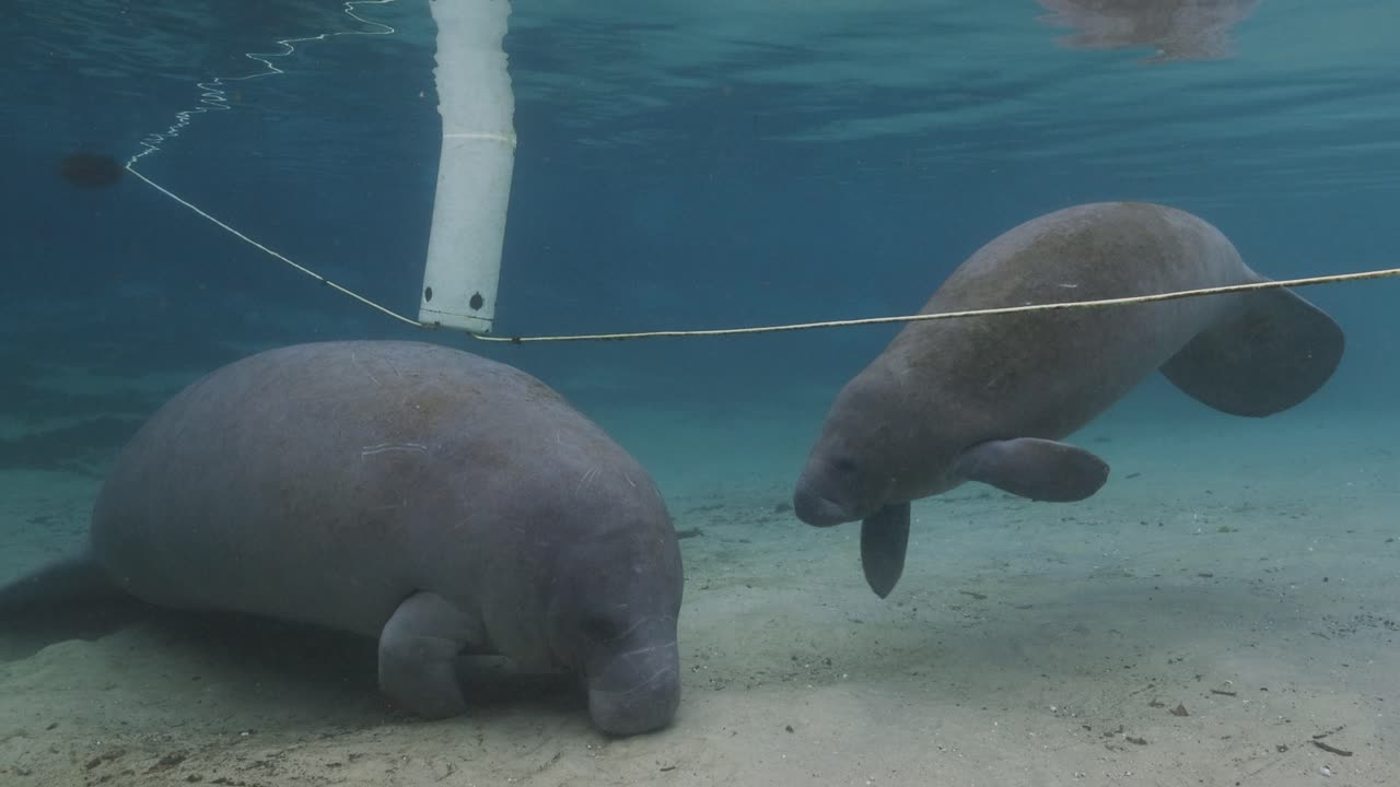 Two Florida manatees rest in a shallow spring, floating near the sandy bottom with clear blue water, showcasing peaceful aquatic wildlife in its natural habitat