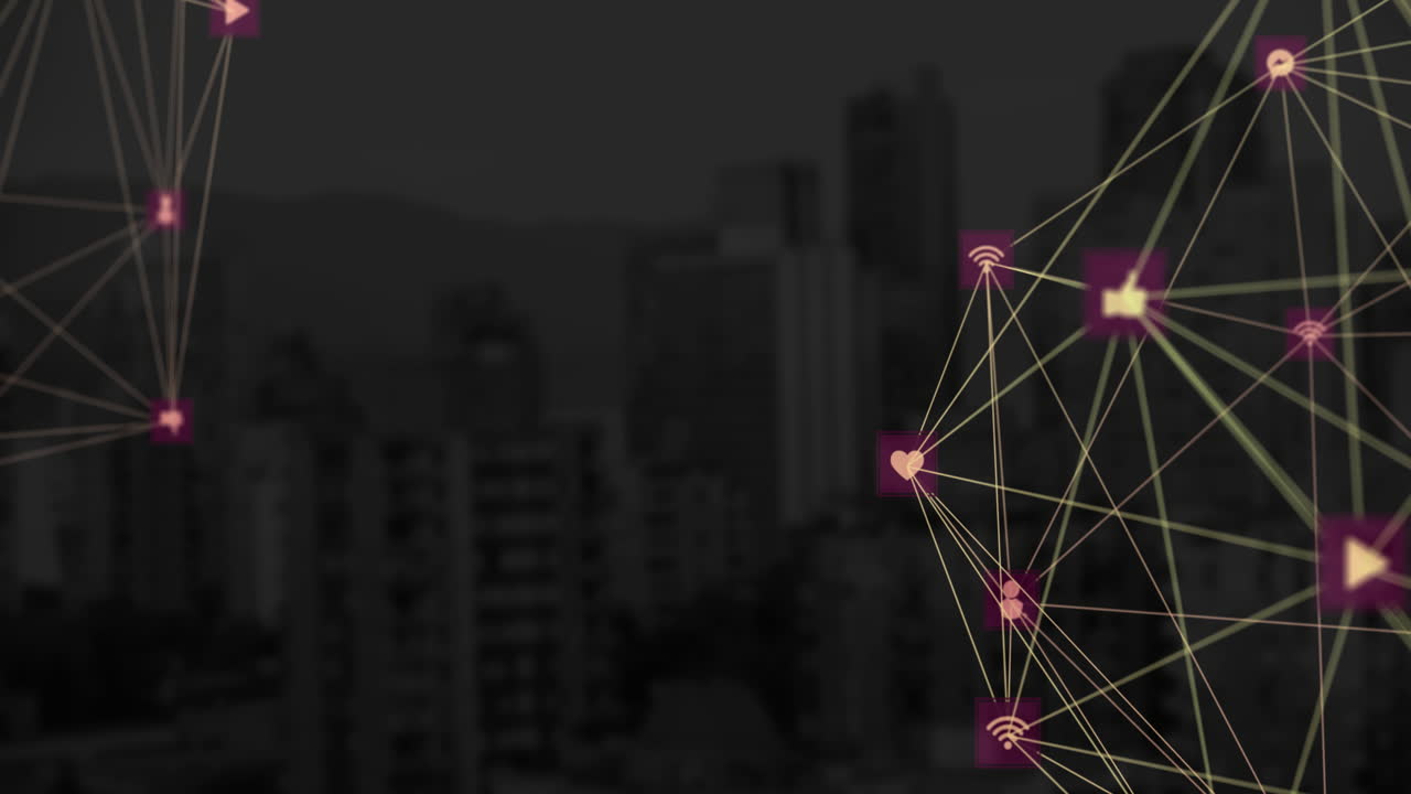 Globe of digital icons against cityscape