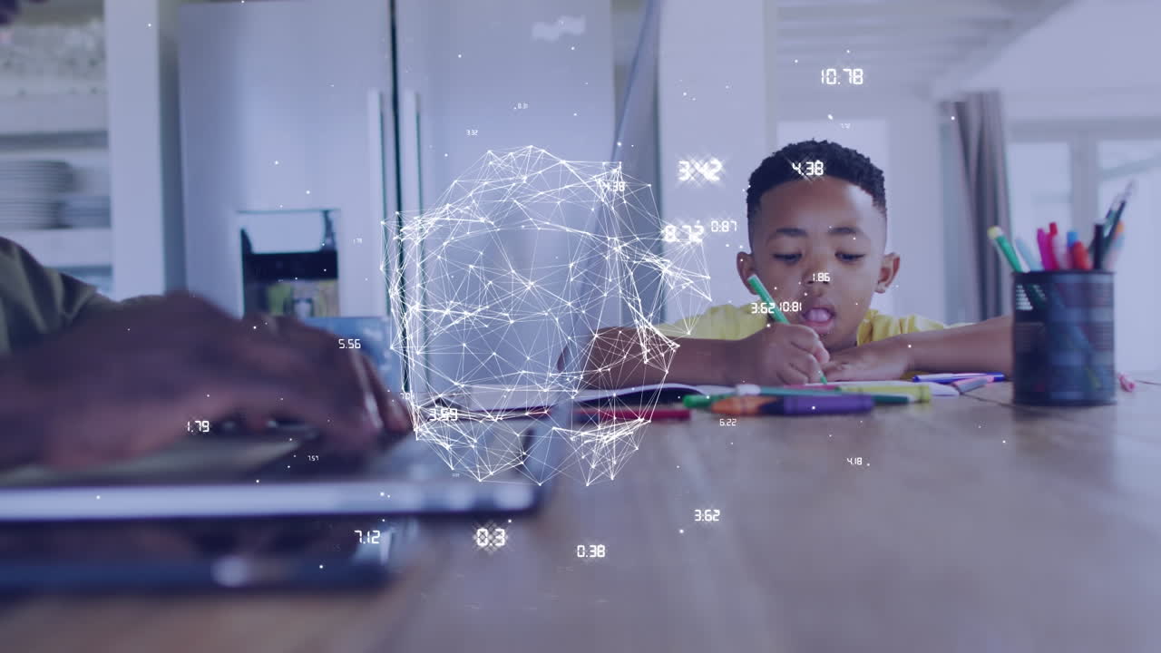 Animation of network of connections over happy african american boy doing homework