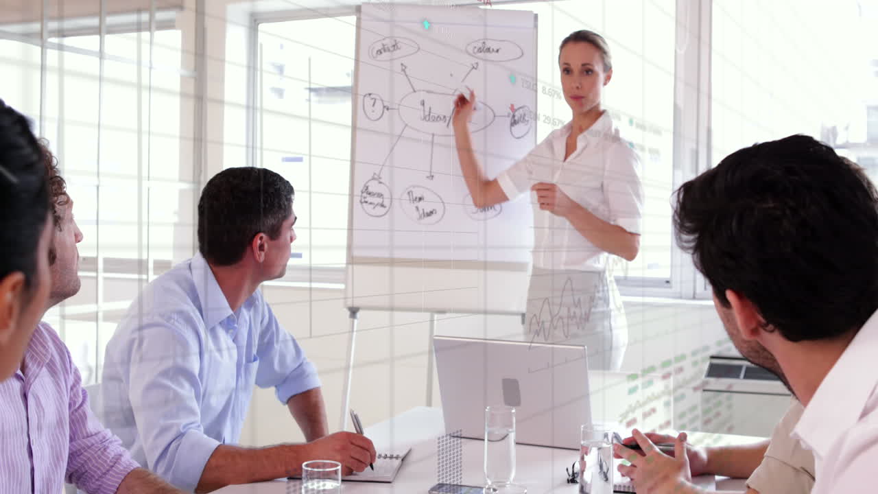 animación del procesamiento de datos financieros sobre una mujer de negocios caucásica haciendo una presentación en la oficina