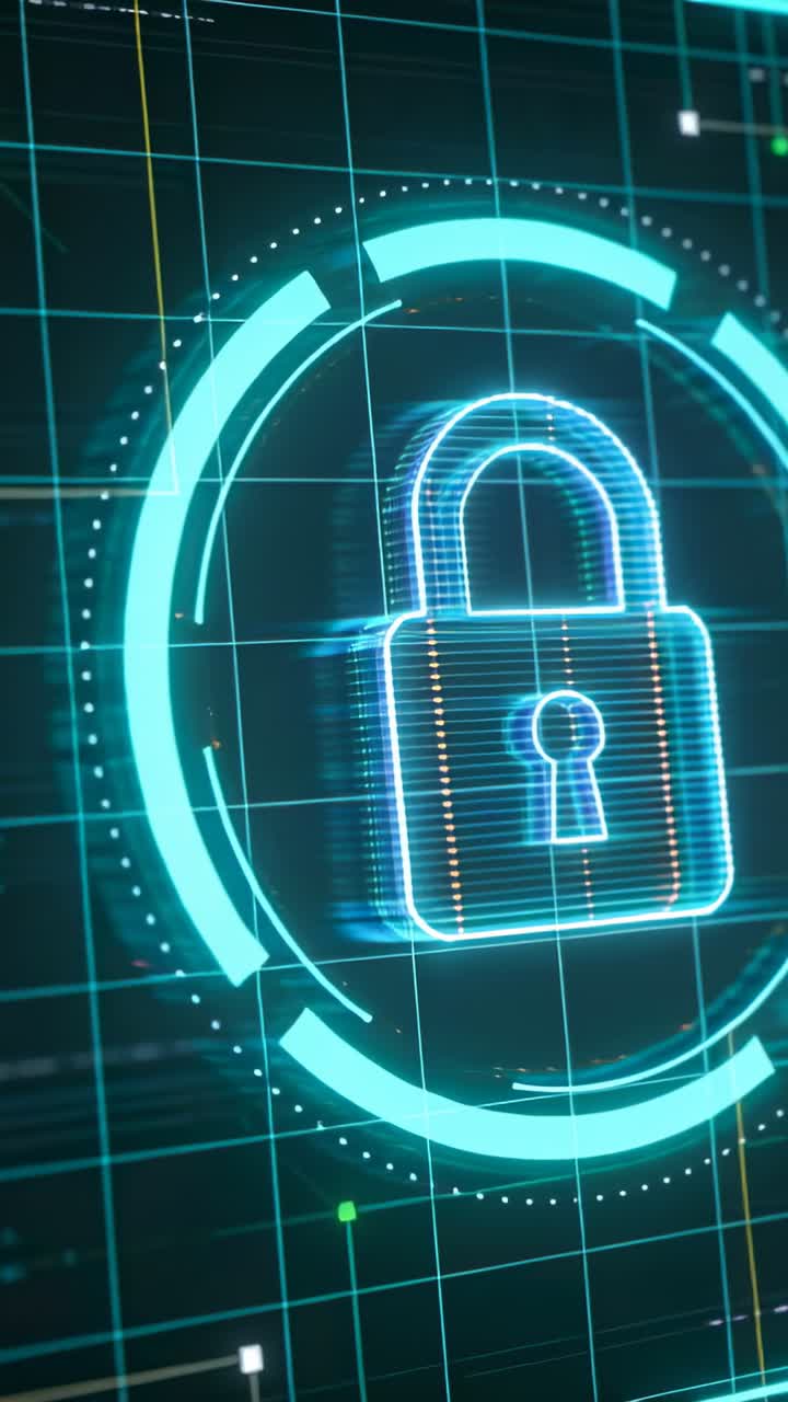 Vertical video: System starting security check 3D lock HUD rotating rings pulsing nodes confirming