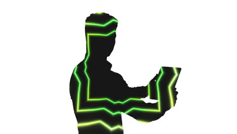 animación de un patrón de forma abstracta iluminado en la sombra pensativa del hombre utilizando una tableta digital