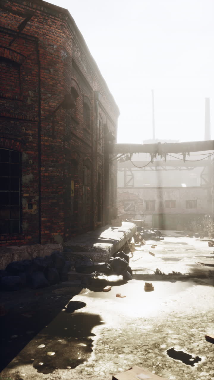 Urban scene dirty street brick building bridge vertical