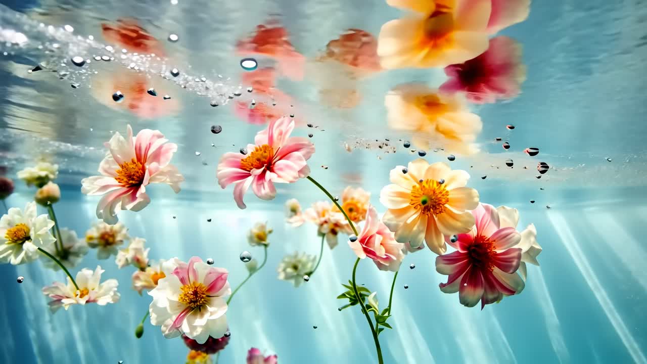 Scena video subacquea con fiori colorati che galleggiano