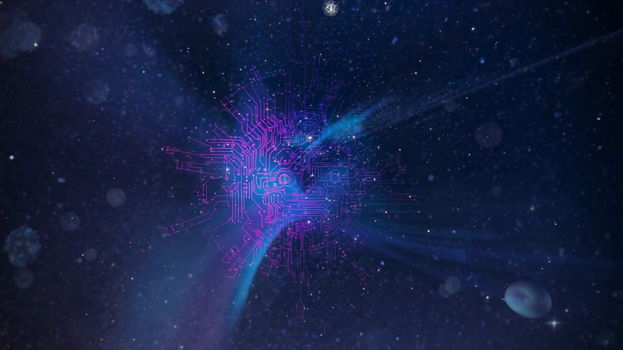 Materializing neon circuit sphere pulsing cyan light, rotating in space, with magenta circuitry