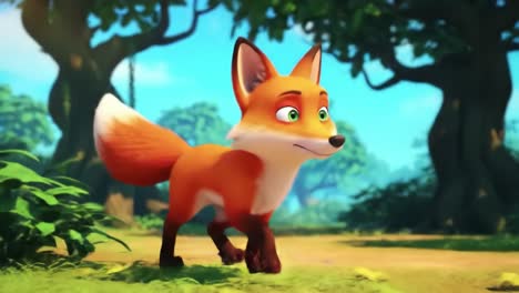 a playful orange fox explores a vibrant forest with a pack of enthusiastic dogs joyfully following behind, showcasing an adventurous friendship in a colorful animated setting