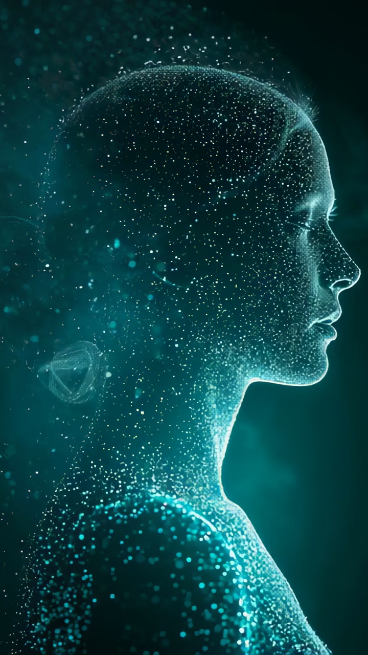 Vertical video: Opening pointcloud in teal space points pulsing triangle drifting showing data