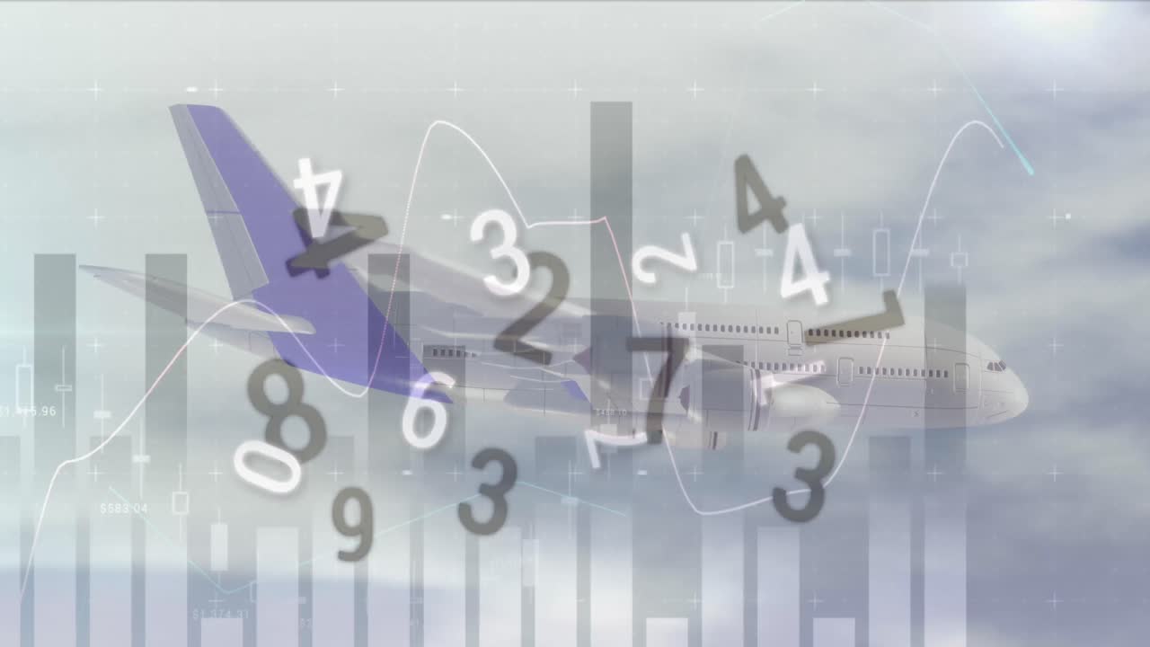 анимация графика и обработка данных над самолетом, летящим по голубому облачному небу.