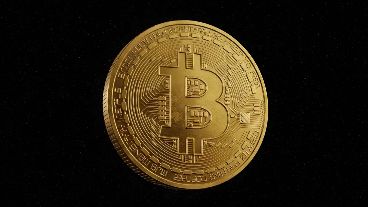 Shiny Golden Bitcoin Coin Captured in Two Frames, Showcasing the Intricate Designs and Details of Cryptocurrency in a Black Background Setting