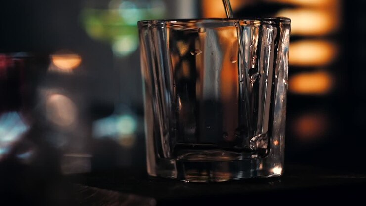 Drink epico al bar in slow motion con bokeh e illuminazione suggestivi in 1080p.