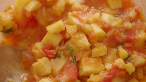 close-up of a hearty potato and tomato stew being stirred