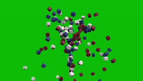 Casino-white,-red-and-blue-dice-thrown-up-and-falling-down-on-green-screen-3D-animation,-dice-jackpot,-dice-fountain