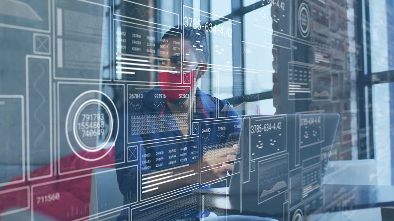 Interacting with animation, person using futuristic digital interface for analytics