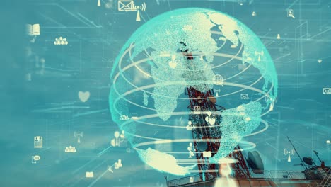 telecommunication tower with 3d graphic of global business alteration
